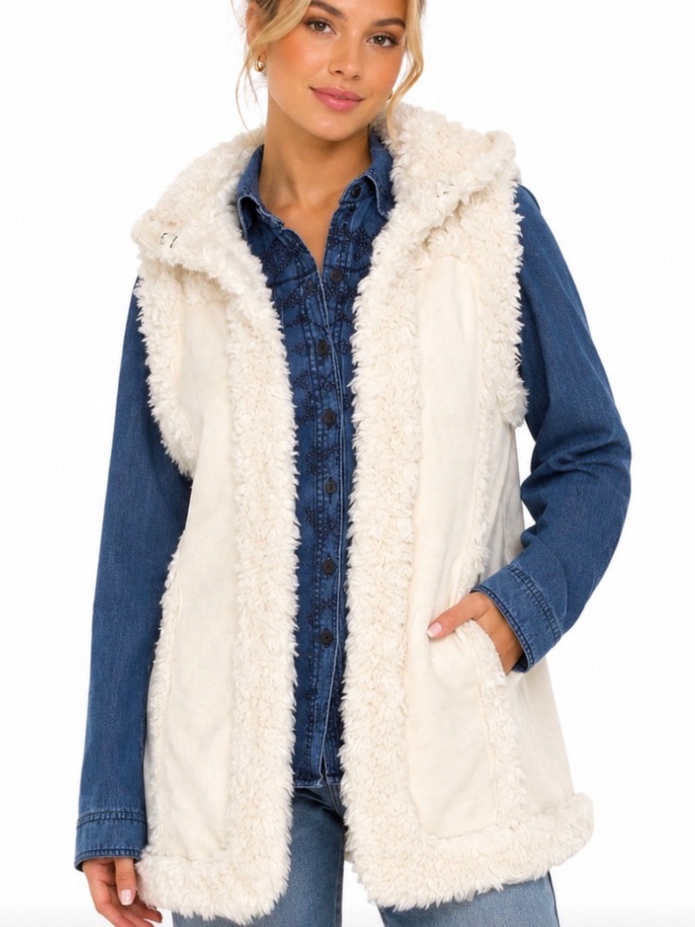 Lucky Brand Cream Faux Fur Trim Vest Bohemian Boho Layering Size‎ Medium